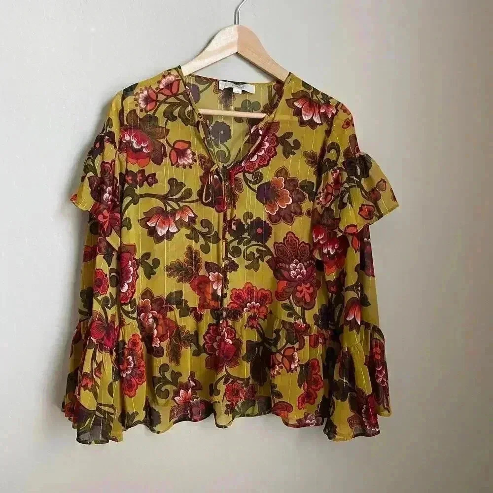 Loft Floral Tie Neck Ruffle Blouse Size XS